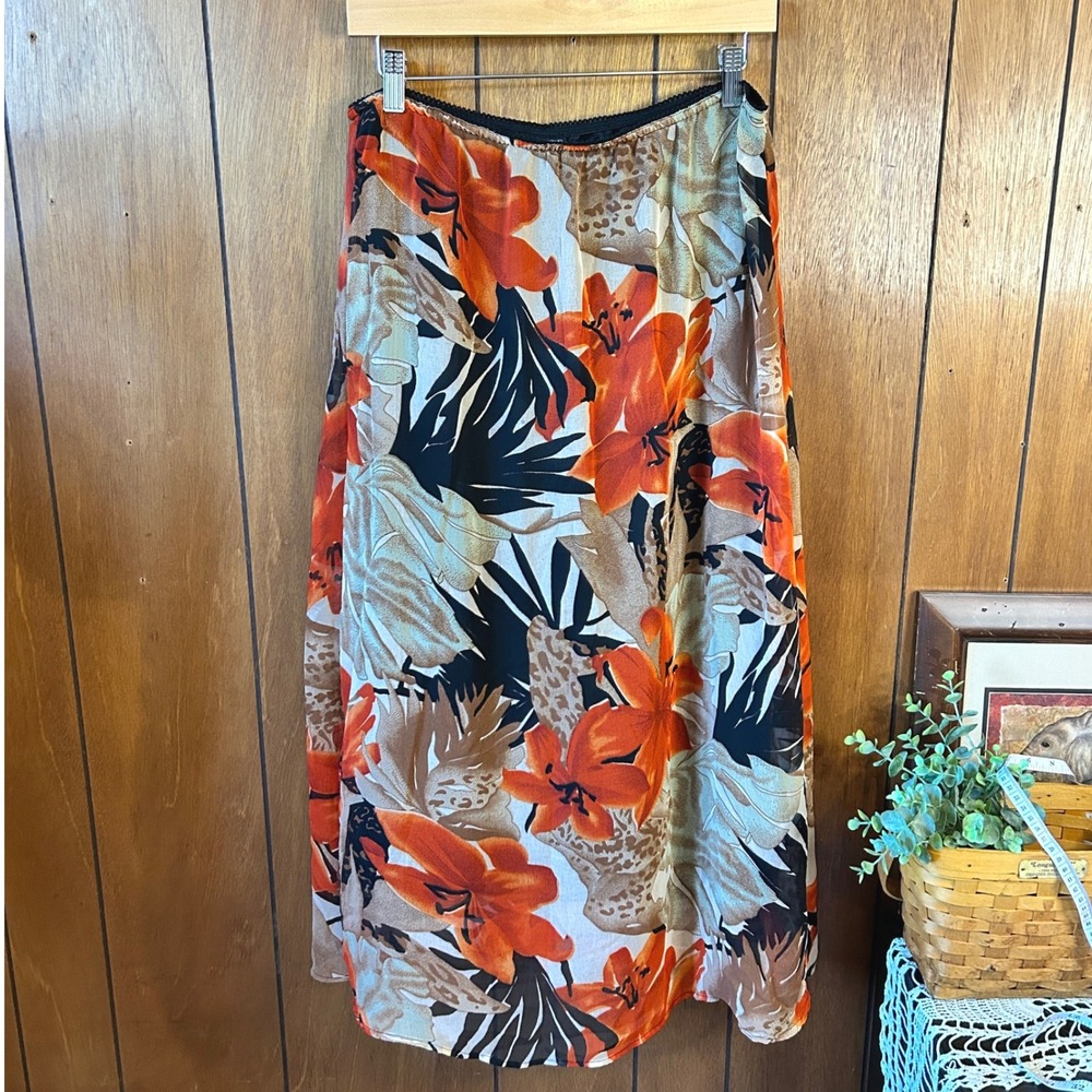 Jazzie Floral‎ Maxi Skirt L Orange Beige Brown Sheer Lined Retro Party Elegant